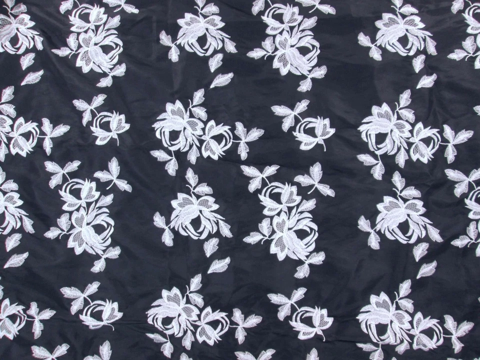 Vintage Embroidered White Rose Floral Black Taffeta Fabric Remnant 1 yd 58" Wide - Image 2 of 4