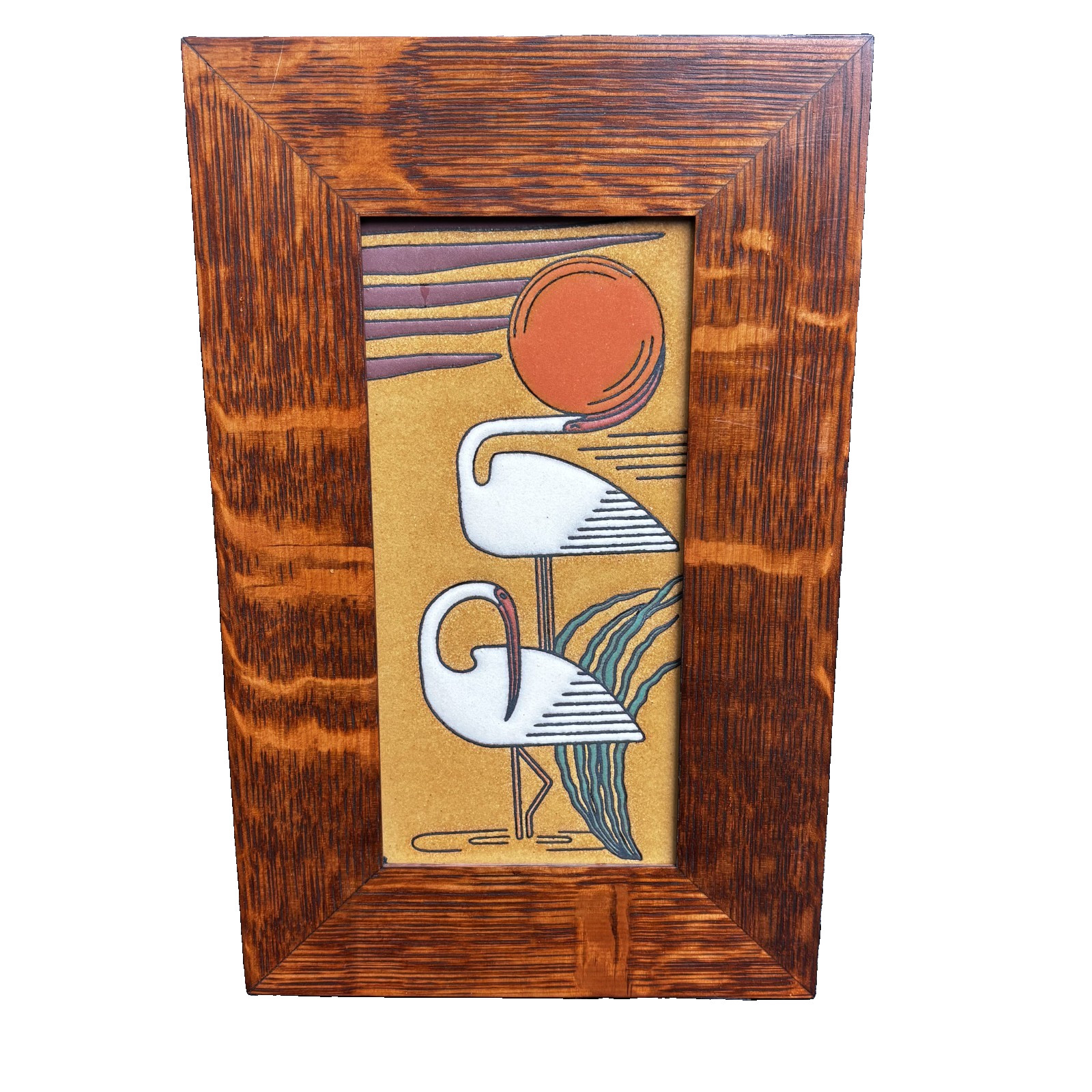 Arts And Crafts Art Nouveau Tile In Authentic Dard Hunter Frame Ibis Birds 8x12"