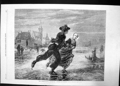 Antiker alter Druck Ausstellung Winter in Seeland Dillens 1862 Teich Eislaufen