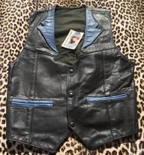 FRENCH 1960s UNISEX MOTORCYCLE BIKER VEST BLACK/BLUE LEATHER MADE IN FRANCE M/L