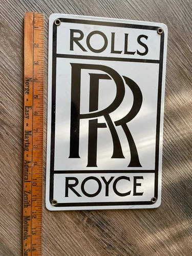 Vintage Rolls Royce Porcelain Enameled Metal Shop Sign Garage Gas Oil 12x7.5"