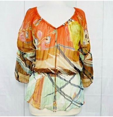 Vintage Womens Y2K 90s CACHE Silk Sheer Peasant Blouse Floral Abstract Size M