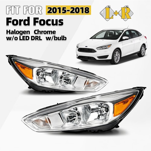 For 2015-2018 Ford Focus Chrome Halogen Headlights W/Bulb W/O LED DRL Pair LH+RH