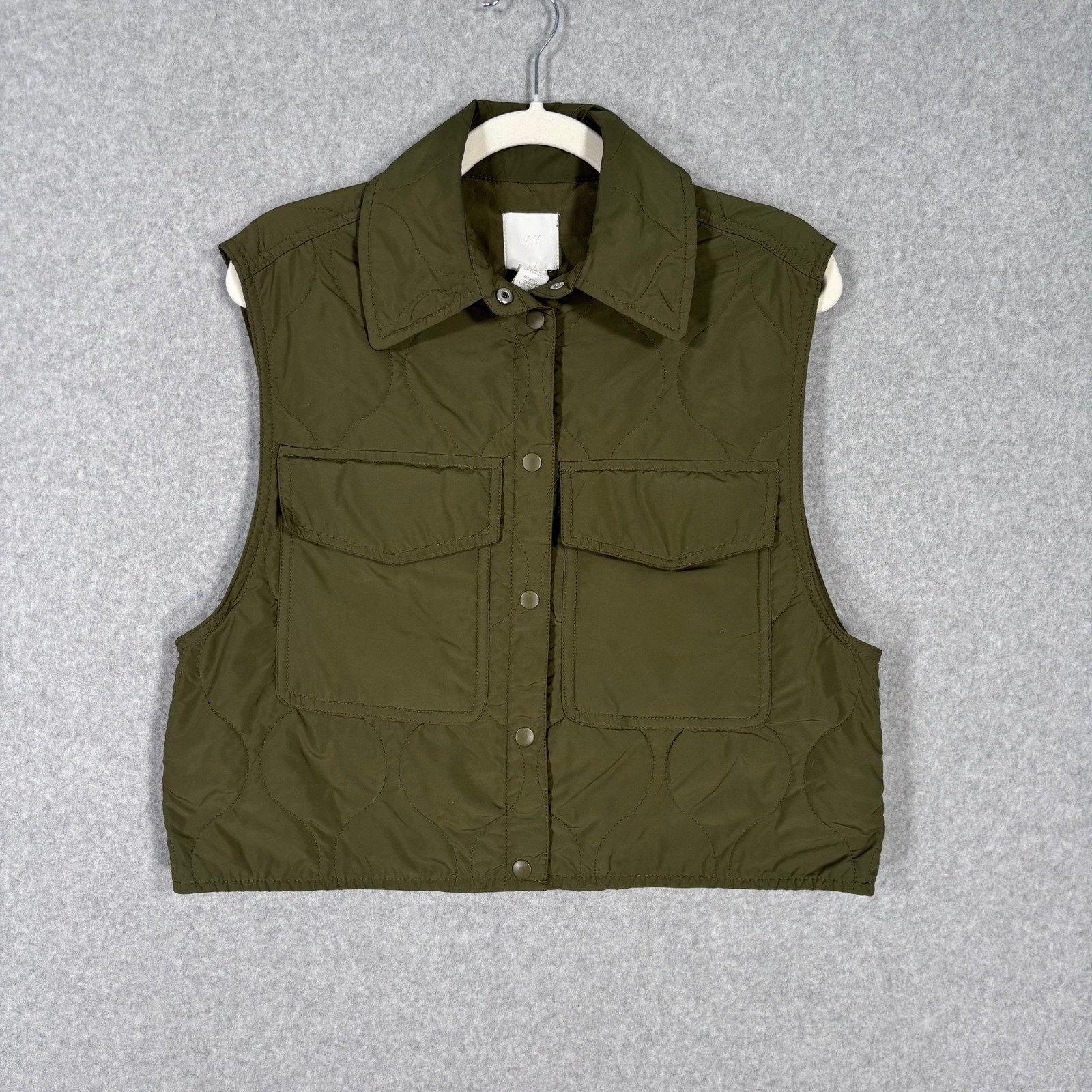 H&M Quilted Cropped Vest XS Olive Army Green Oversized Utility GORP Minimalist