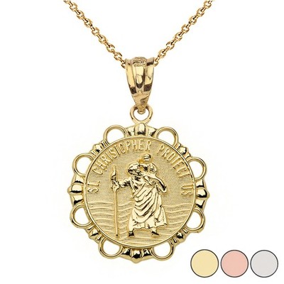 Gold Round Saint Christopher Pendant Necklace (Yellow/Rose/White/Two-Tone)