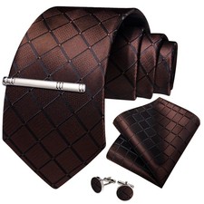 Brown Plaids  Checks Necktie Mens Tie  Hankie  Cufflinks  Tie Pin Set Gift