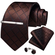 Brown Plaids & Checks Necktie Mens Tie & Hankie & Cufflinks & Tie Pin Set Gift