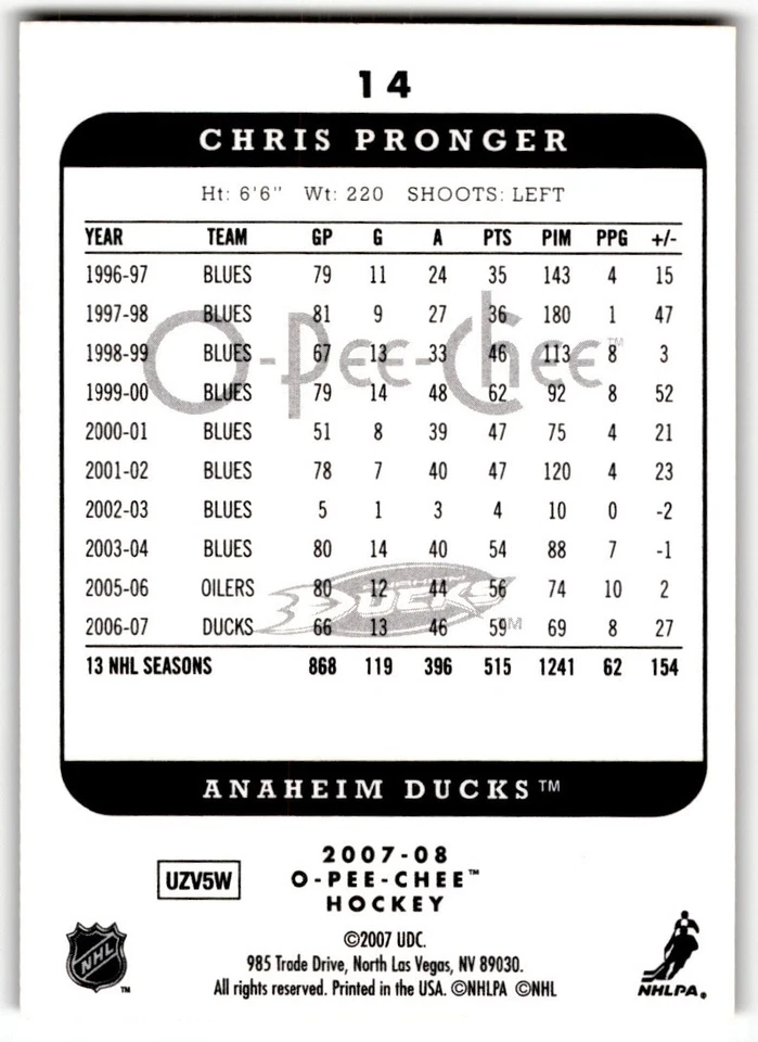 Chris Pronger 2007-08 O-Pee-Chee Micromotion #14 Anaheim Ducks - Image 2 of 2