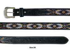 Southwestern-style Floral Tooled Beaded Black Leather Belt Size 28
