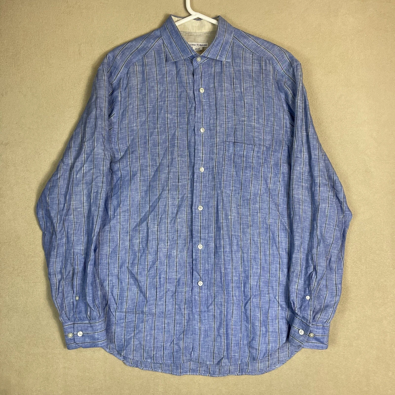 Luigi Baldo Shirt Mens Large Blue Linen Beach Hawaiian Long Sleeve Adult