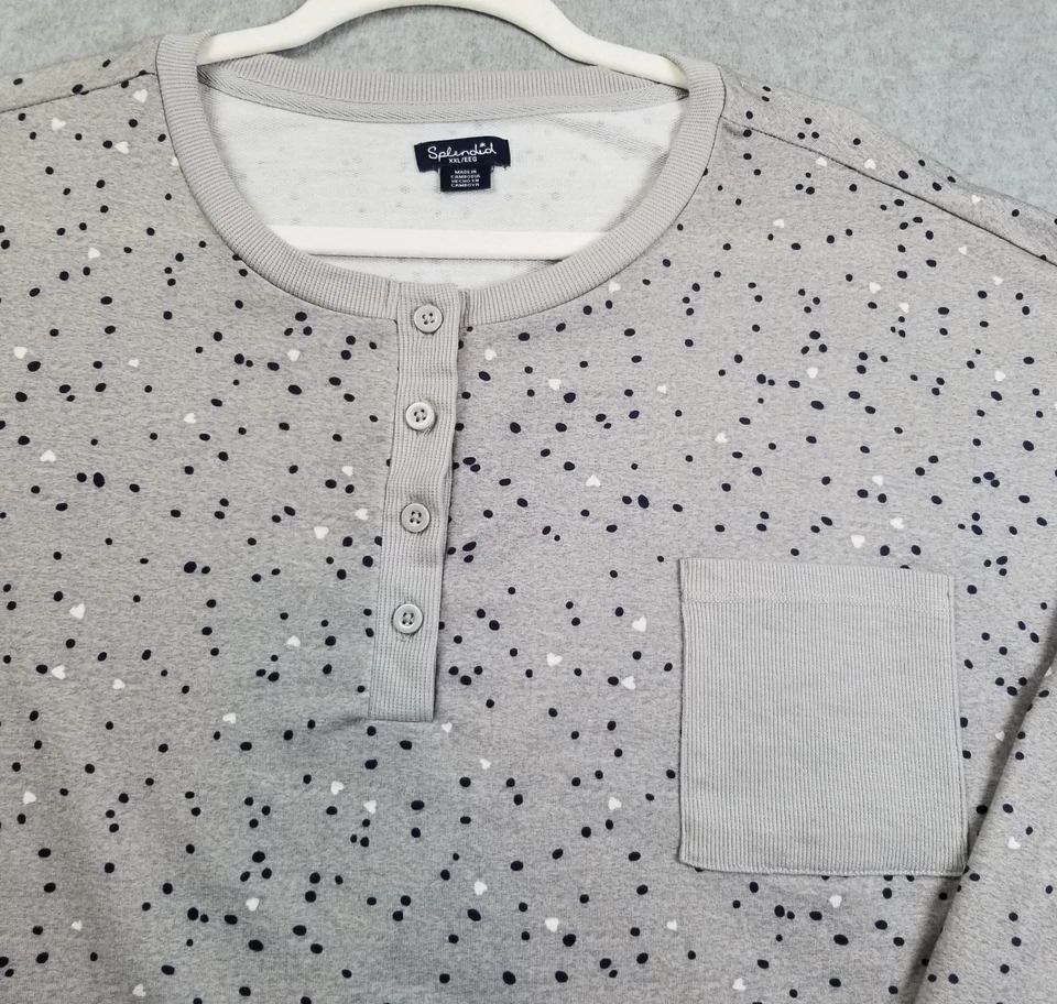 Blusa esplêndida feminina 2XL XXL cinza azul branco ponto coração manga longa bolso elástico - Imagem 2 de 4