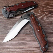9’’ Sharp Folding Knife Camping Portable Quick Open Pocket Blade Wood Handle