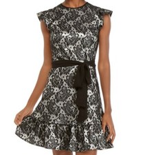 NWT $175 MICHAEL Michael Kors Foil Jacquard Flutter Sleeve Dress Black Silver S