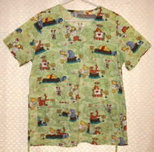 DISNEY Scrub Top, POOH GANG Playing Doctor, V-Neck, Tie-Back, 2 Pockets, Medium