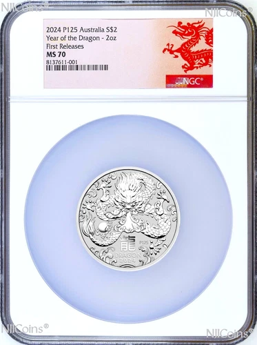 2024 P Australia Silver Lunar Year of the Dragon 2oz $2 Coin NGC MS70 FR Series3