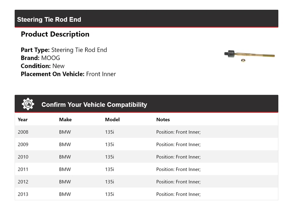 Para BMW 135i 2008-2013 extremo de barra de dirección interior delantero MOOG 2008 2009 2010 2011 Foto 2 de 4
