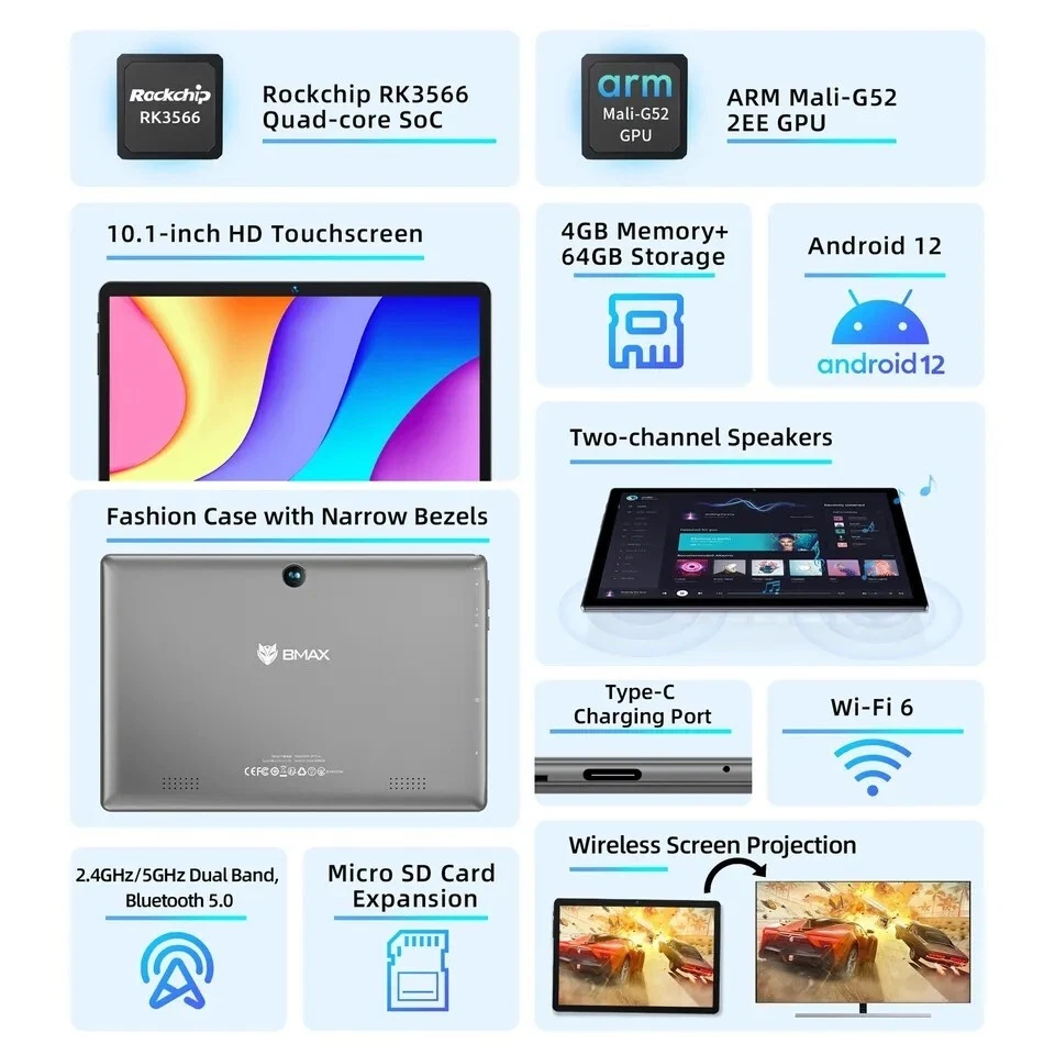 Tablet BMAX I9 Plus RAM 4+4 GB ROM 64 GB QuadCore Android 13 Eu Plug - Immagine 3 di 4