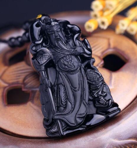Natural Black Obsidian Pendant Chinese Sword GuanGong Amulet Lucky Necklace - Afbeelding 1 van 6