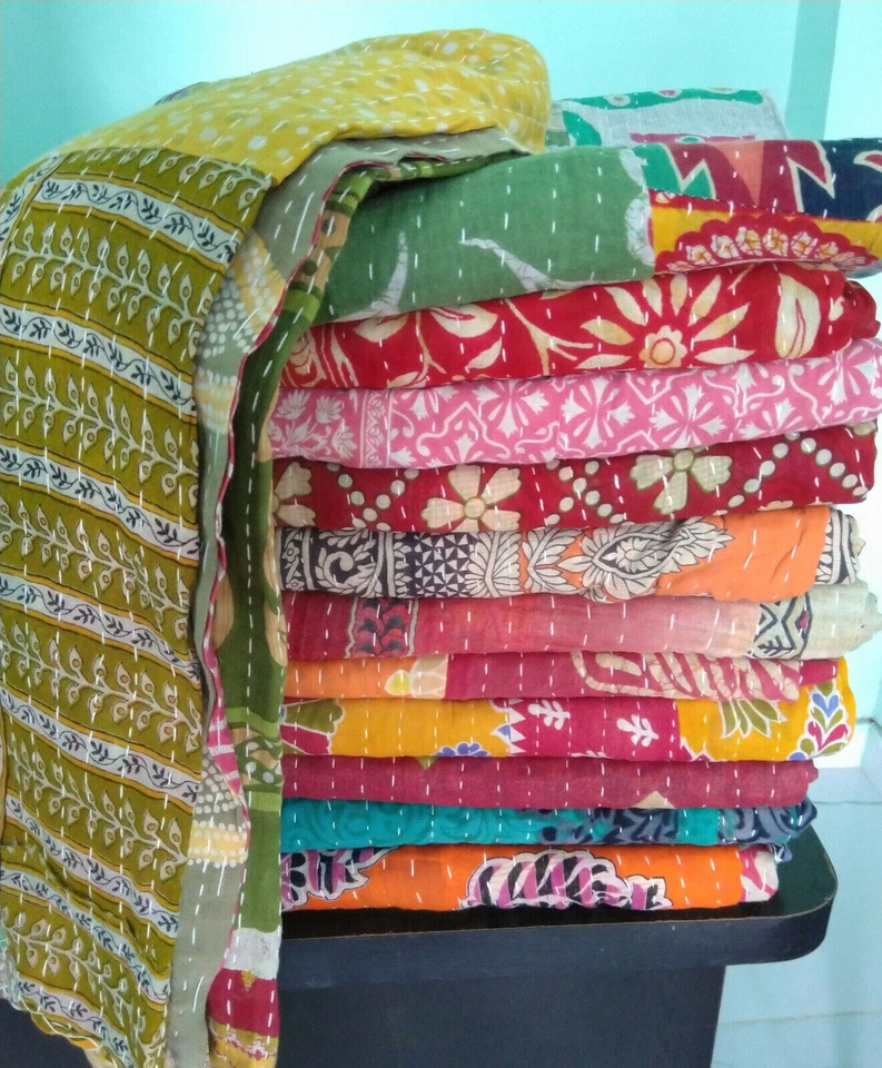 Vintage Kantha Quilt Throw Blanket Cotton Bedspread Bohemian Reversible Bedcover - Image 2 of 4