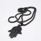 Mens Black Stainless Steel Hamsa Hand Judaica Pendant Necklace rolo Chain 24''
