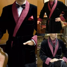 Velvet Men Black Smoking Jacket Wedding Dinner Party Groom Wear Robe with Belt