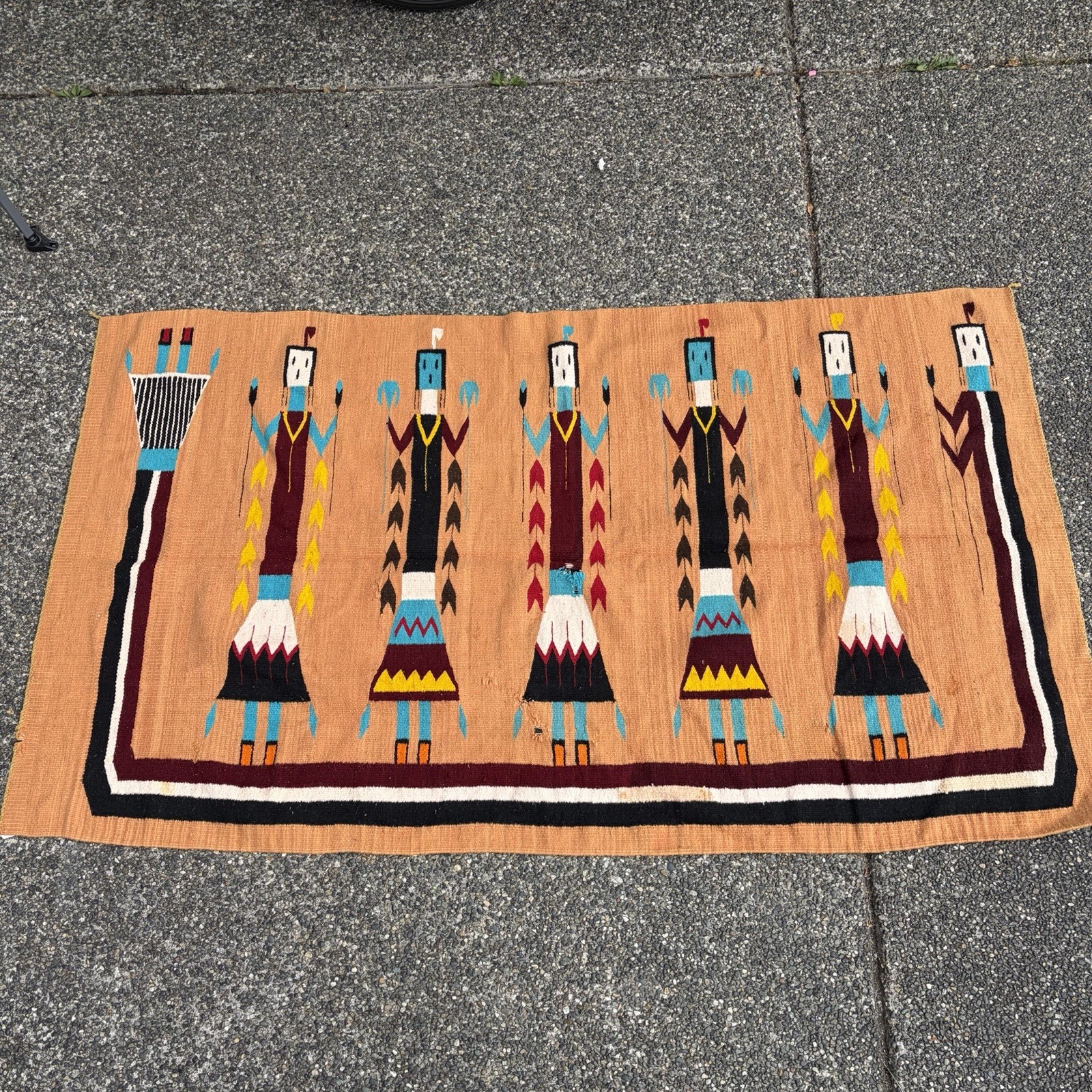 Antique Navajo Rug Native American Indian Yei Pictorial Weave 82x47 Textile Vtg