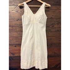 Vintage Mid-Century Full Slip Nightgown Dress Women S White Embroidered Trim