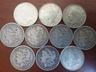 SILVER DOLLARS LOT OF 10 PEACE AND MORGAN COINS FAIR TO GOOD CONDITION