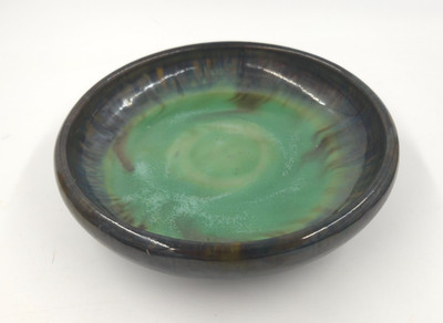 Fulper Pottery Art Deco Green Tan Blue Rolled Edge Bowl 8  Diameter Stamped