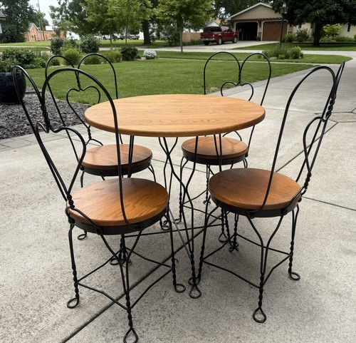 Vintage Oak And Iron Ice Cream Parlor Table and Chairs, 5-piece Set