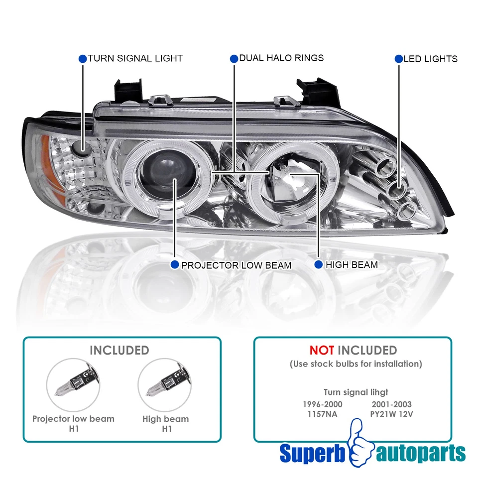 Fits 1996-2003 BMW E39 528i 540i Dual LED Halo Projector Headlights Lamps 96-03 - Imagem 3 de 4