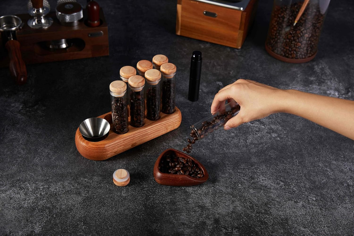 Walnut Coffee Bean Dosing Cup and Spray Bottle Kit for Espresso Enthusiasts, Cof