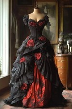 Black Burgundy Gothic Prom Dress Rose Flower Lace Appliques Corset Pleated Gown