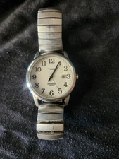 Timex Indiglo Mens 30m Silver White Stretch Analog Quartz Watch~Date~