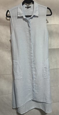 Saks Fifth Avenue Women M Linen Sleeveless Shirt Midi Dress Blue Hi Low Hem READ