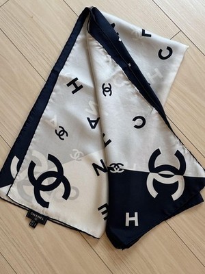 Chanel Silk Scarf Muffler Navy & White 90x90 Used Clean | eBay