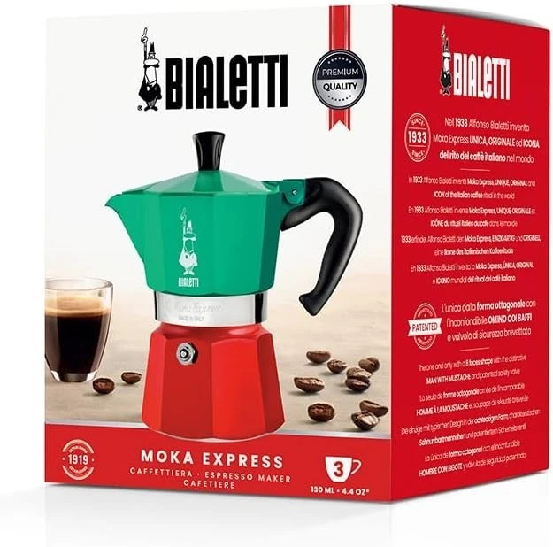 Bialetti Caffettiera Moka Express in alluminio argento o Tricolore  1 a 6 tazze - Immagine 2 di 4
