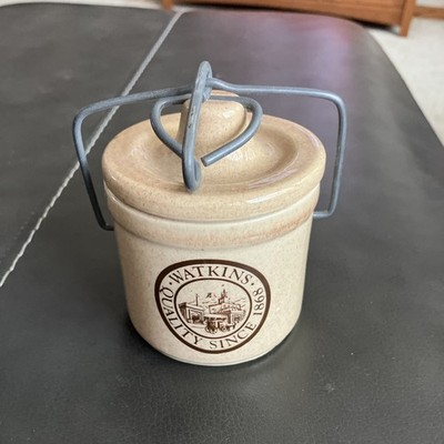 4H-vintage J.R. WATKINS crock w/ lid- 6 oz. mustard