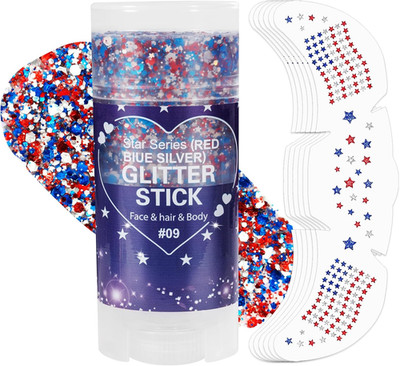 Mysense Red White Blue Face Hair Body Glitter Stick + 6Pcs Glitter Freckles Face