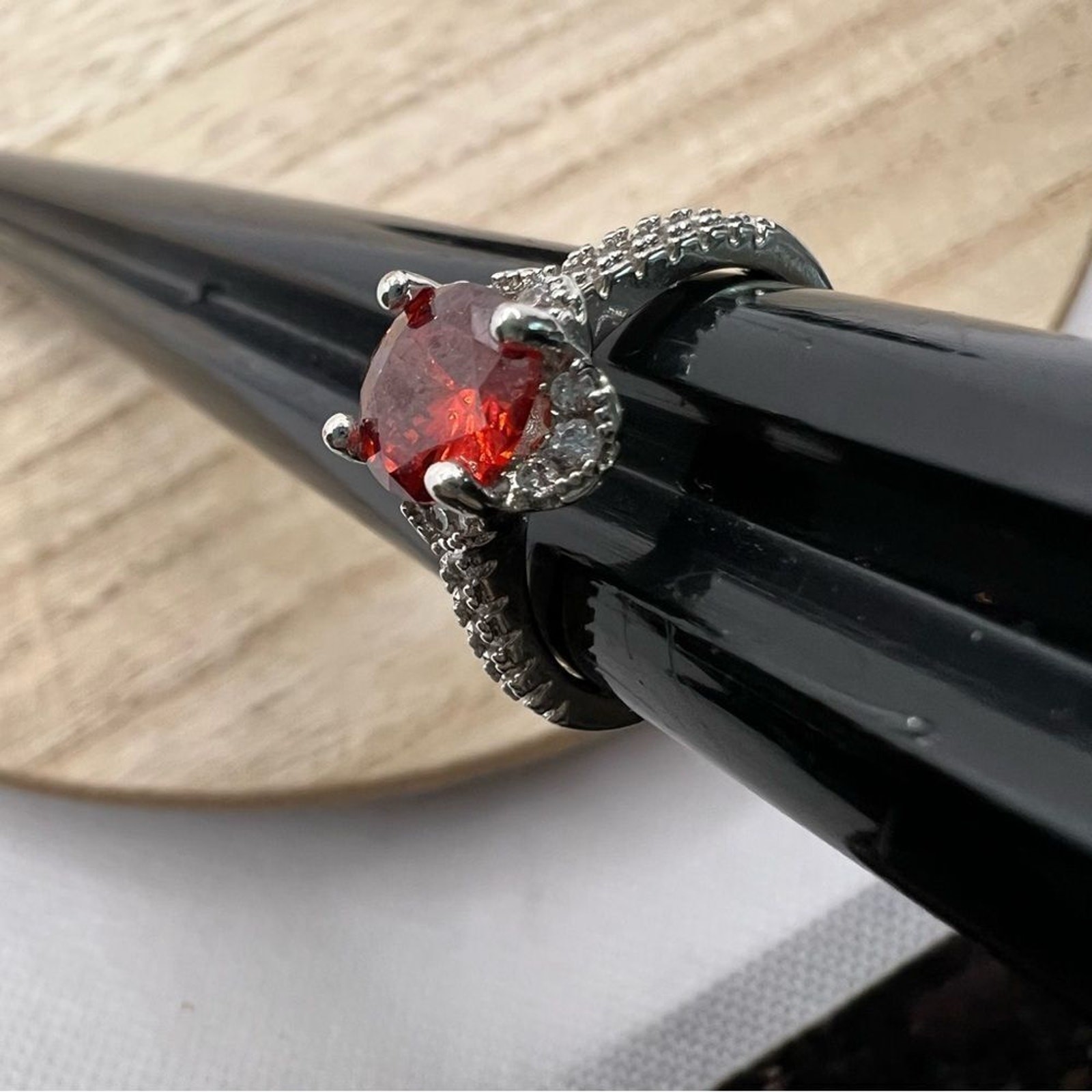 Ruby red jewel gem rhinestone studded silver ring… - image 8