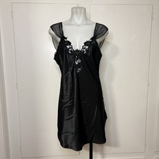 Vintage 90s Dentelle Black Satin Lace Chiffon Sleeves Mini Lingerie Slip Dress