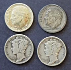 Silver Dimes (4) - Mercury + Roosevelt - 90% Silver - 1942D - 1944 - 1947 - 1964