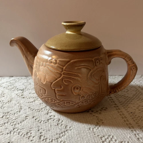 Vintage Frankoma Mayan Aztec Teapot with Lid 7T Brown Beige Earthenware Pottery