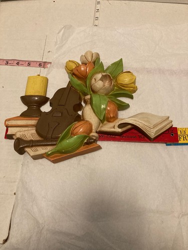 Vintage Syroco Wall Plaque Violin Recorder Candle Tulips Books Music - Picture 10 of 11