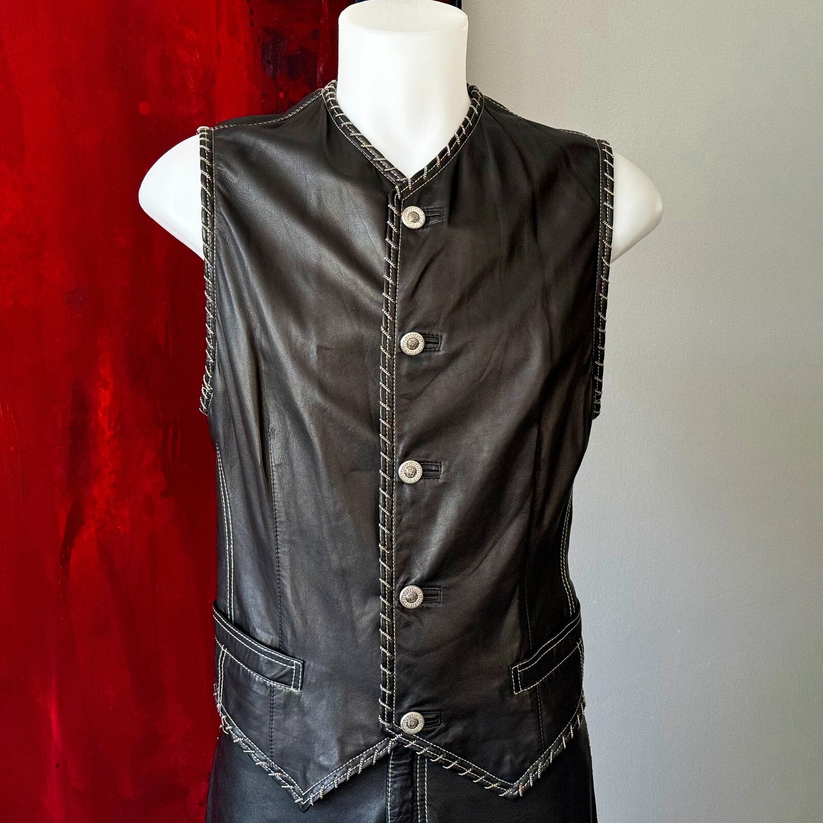 GIANNI VERSACE Leather Biker Vest + Pants w/ Chain Trim from F/W 1994/95 image 10
