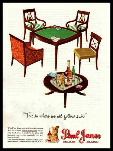 1947 Paul Jones Whiskey Duncan Phyfe Harp Back Chairs MCM Table Vintage Print Ad