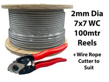 Galvanised Steel Wire Rope Cable 2mm Dia 7x7 Wire Core - 100mtr Reel + Cutter