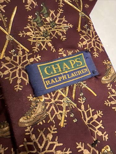 Vintage Chaps Ralph Lauren Ski Poles Boots Snowflakes Silk Neck Tie Winter - Picture 3 of 4
