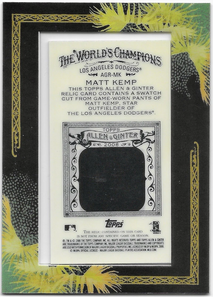 2008 Topps Allen & Ginter l- Mini Framed Relic Matt Kemp Dodgers Pants #AGR-MK - Image 2 of 2