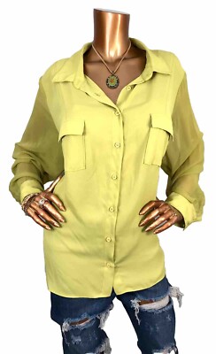 AGB 3X Plus Top Lime Green Button Up Blouse Long Slvs Sheer Collar Soft Casual